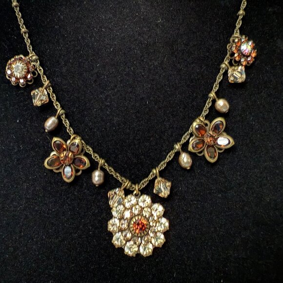 Liz Palacios SF Swarovski Crystal Antique Gold Tone Floral Necklace Brown Amber - Picture 2 of 10